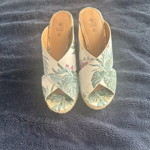 Call It Spring Leaf Print Espadrille Wedge Sandals in Green and Cream